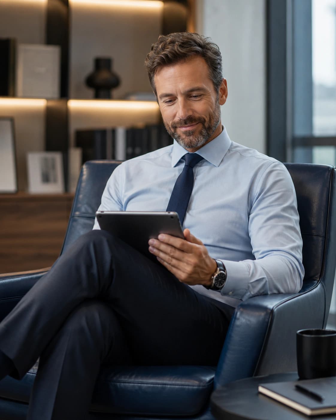 Anleger nutzt FollowMyMoney auf einem Tablet in einer Lounge