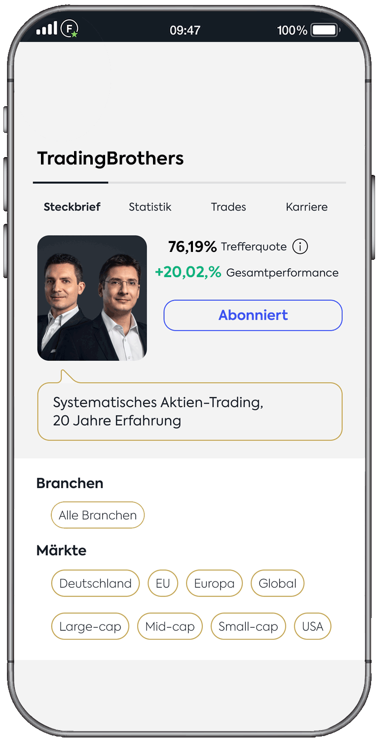 FollowMyMoney Professional Asset Manager TradingBrothers FollowMyMoney Star-Trader TradingBrothers Follow App-Screen