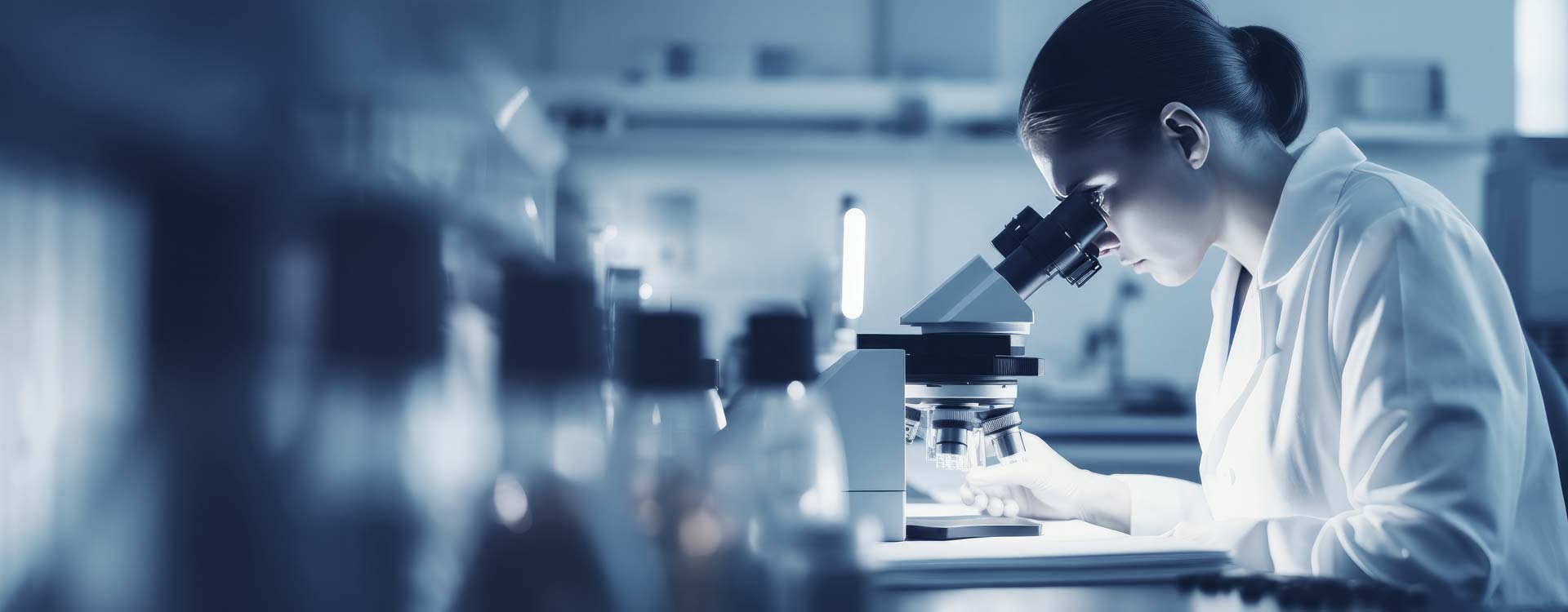 Wissenschaftler arbeitet am Mikroskop im Labor. Konzept für medizinische Gesundheitstechnologie und pharmazeutische Forschung und Entwicklung