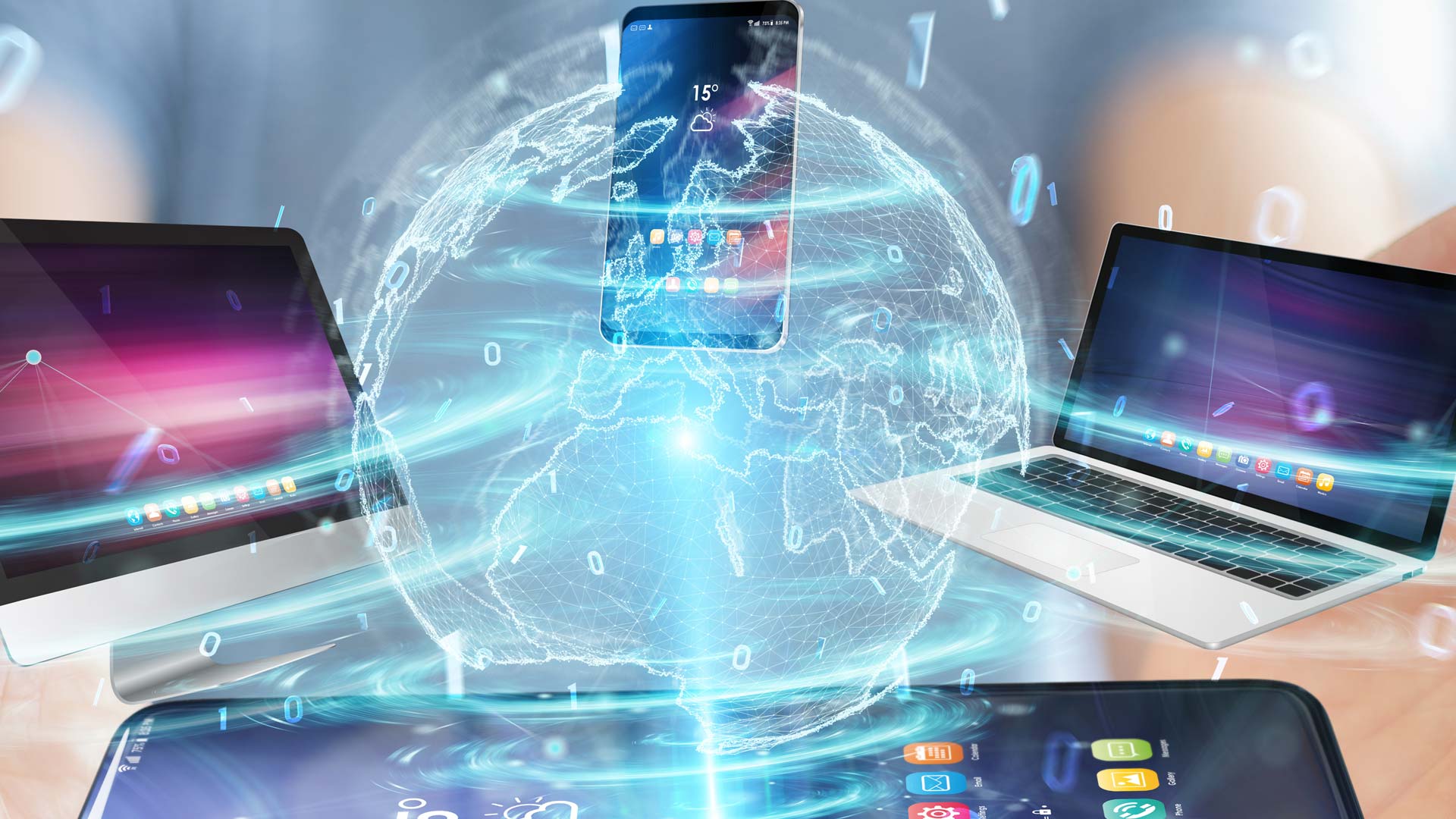 Ipad, iphone und IMac um eine virtuelle Erdkugel