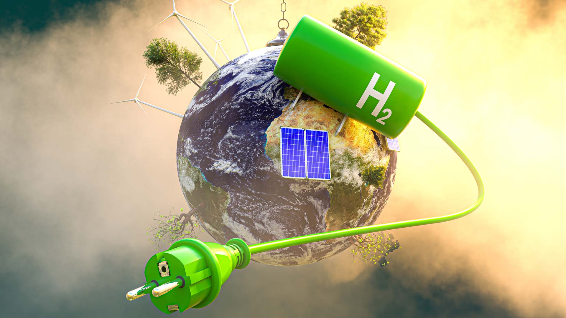 Umwelt und Energiegewinnung - Grüner Wasserstoff- Tank auf dem Planeten Erde