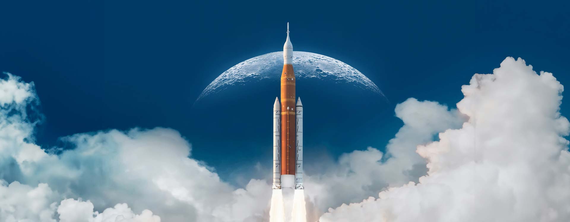 SLS space rocket in sky with clouds. Mission to Moon. Spaceship launch from Earth. Orion spacecraft. Artemis space program to research solar system