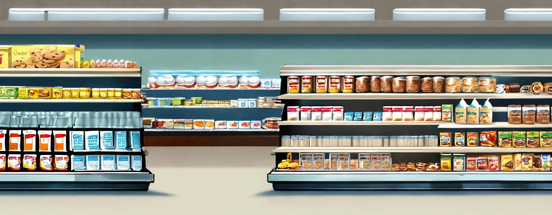 Nestlé Regale mit verschiedenen verpackten Lebensmitteln