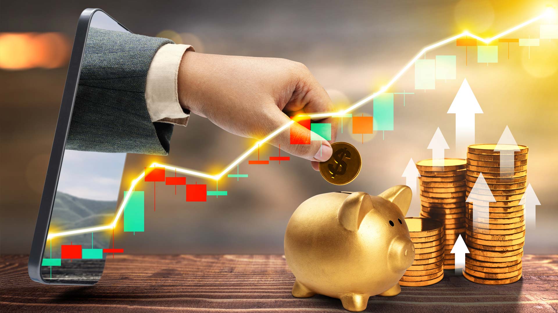Business hand on mobile phone screen put a golden coin into piggy bank with stack of golden coins with an increased graph arrow