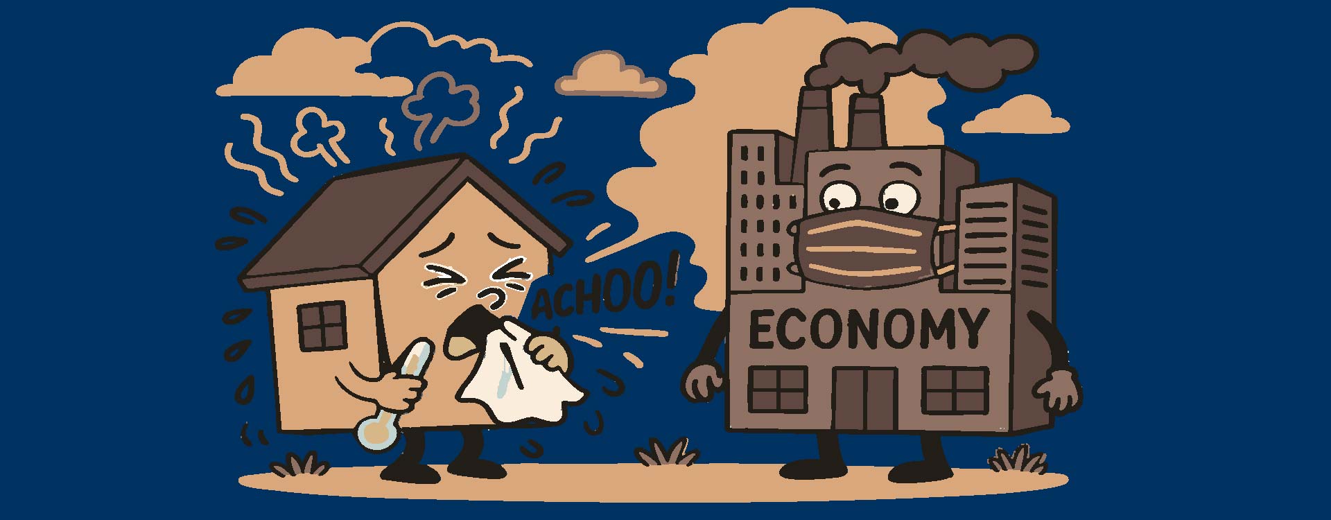 Der Immobilienmarkt als Frühindikator der Konjunktur Der Immobilienmarkt, dargestellt als Haus mit Fieberthermometer, ist ein guter Indikator wie sich die Volkswirtschaft, dargestellt als Industriekomplex, zukünftig verhalten wird.