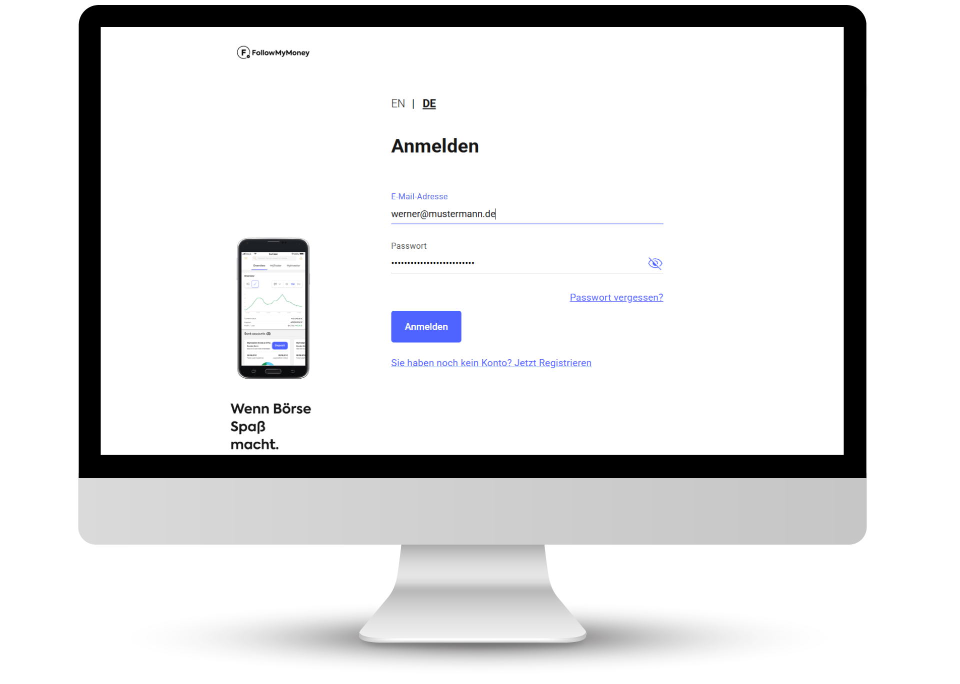 FollowMyMoney Anmelden FollowMyMoney Anmeldemaske und Registrierungsmaske