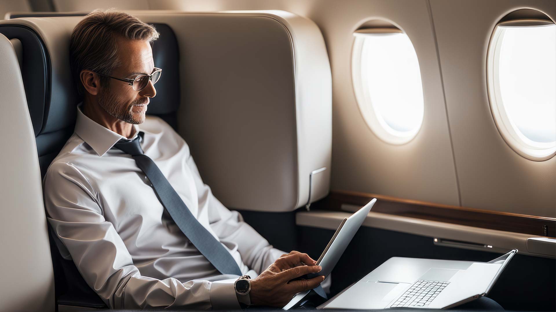 FollowMyMoney Following mit einem Click - Businessmann im Flugzeug bei der Arbeit