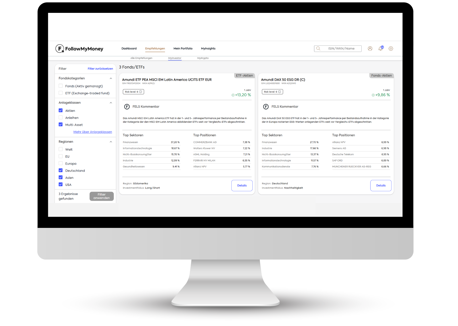 FollowMyMoney TopFonds Filter-Auswahl FollowMyMoney TopFonds Filter-Auswahl - es werden aktuell 3 Fonds angezeigt,nach entsprechender Einstellung des Suchfilters